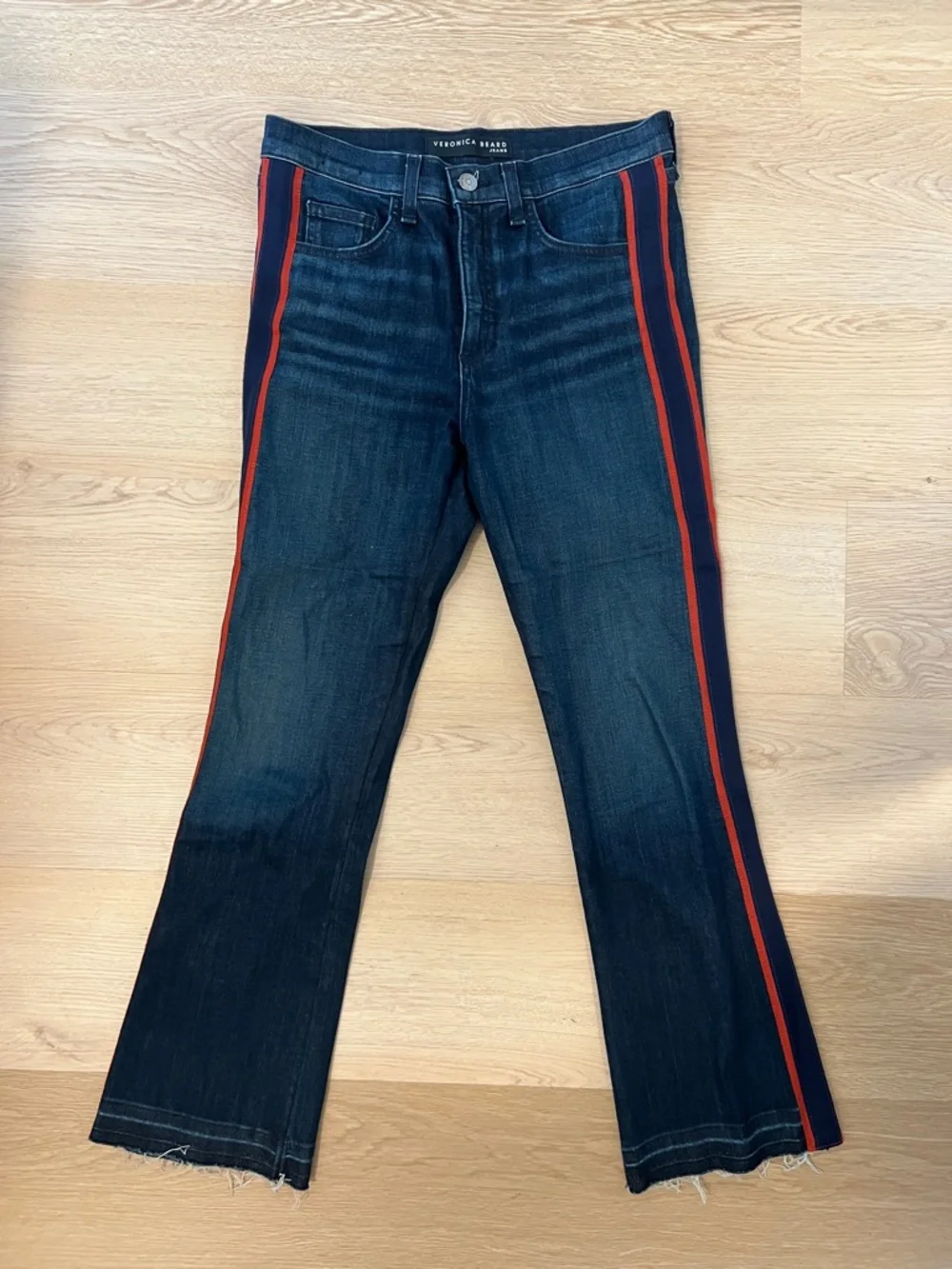 Veronica Beard Carolyn Baby Boot Dark Wash Jeans with Red Side Stripes - Picture 1 of 5